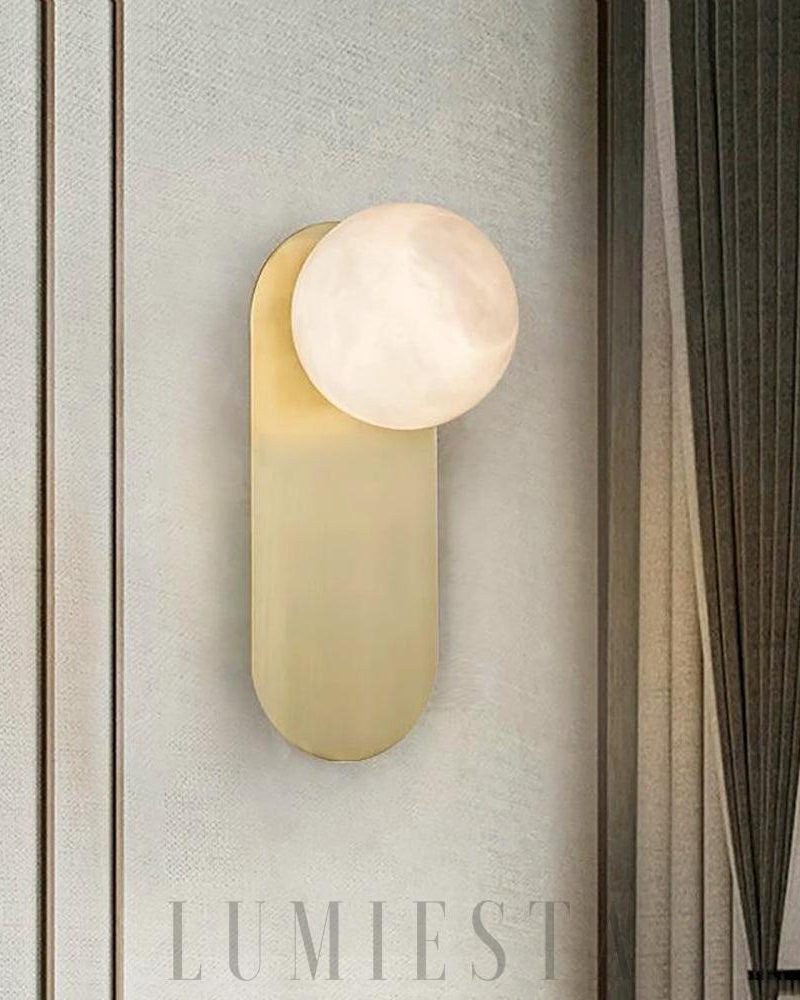 Lampa ścienna owalna alabastrowa sferyczna złota 12cm