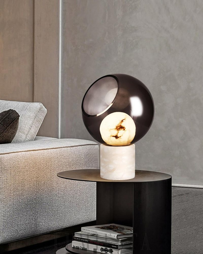 Lampa Stołowa Szklana Przydymiona z Akcentem Alabastrowym 25cm