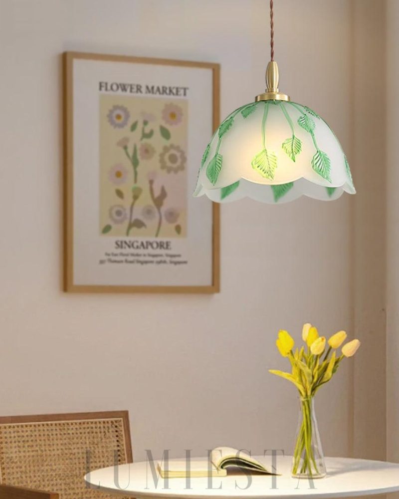 Lampa wisząca retro z liśćmi ze szkła średnica 28cm zielona biała