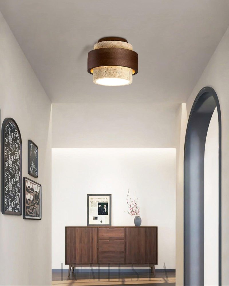 Lampa sufitowa cylindryczna z trawertynu w kolorze beżowym i orzechowym