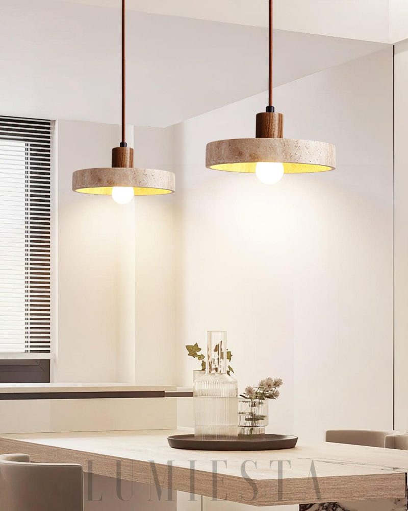 Lampa wisząca Piedra z travertynu i drewna 20cm Beżowa Orzechowa