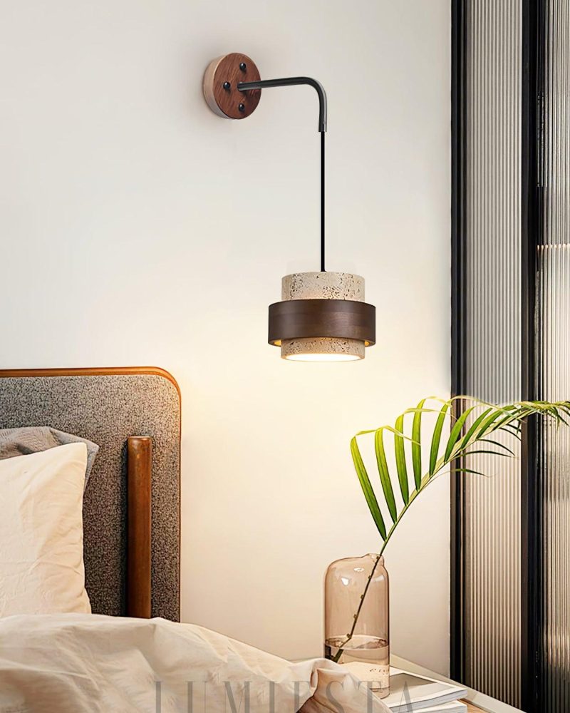 Lampa Ścienna Cylinder Stonova z Travertynu Beżowa z Orzechem