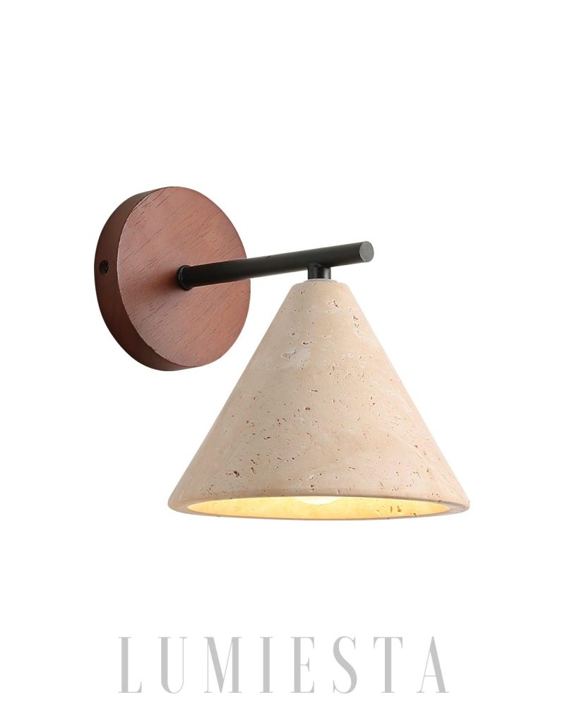 Lampa Ścienna Stożkowa Travertynowa z Drewnianym Wykończeniem