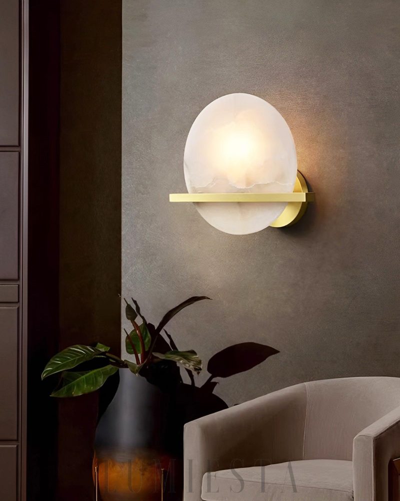 Lampa Ścienna Savion Okrągła z Alabastru Mosiężna 20cm