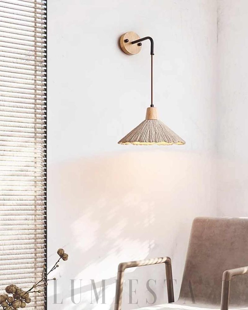 Lampa ścienna Cementowa Vintage z drewnianym kloszem żółta