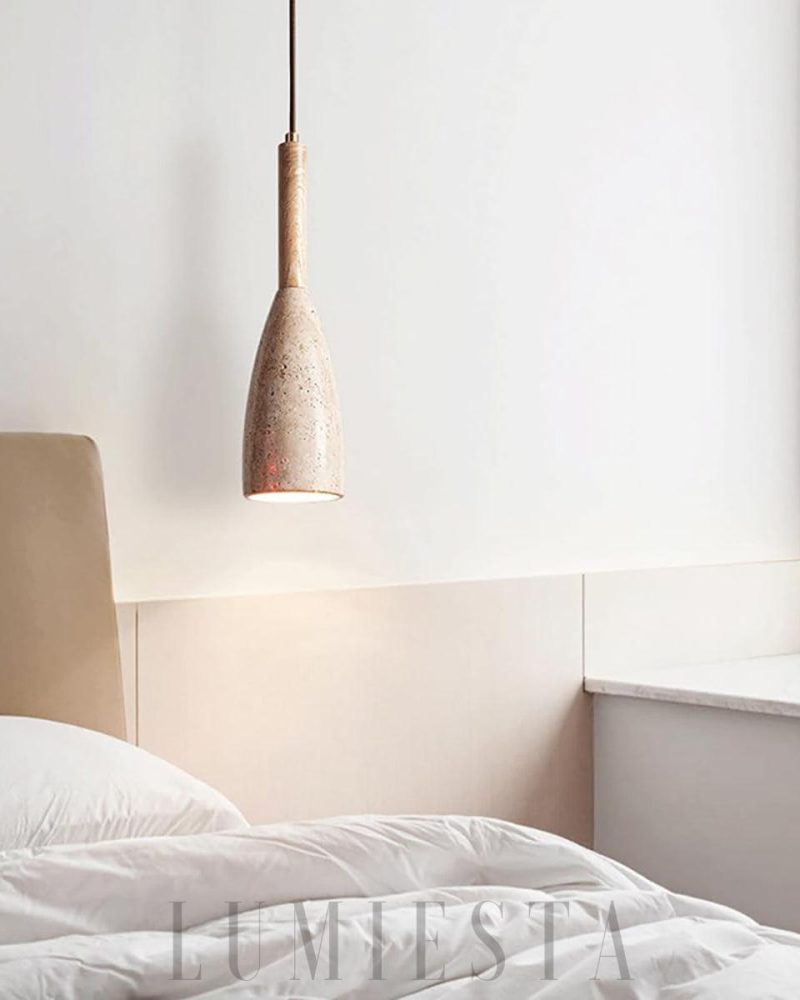 Lampa wisząca Stone Cave z trawertynu i drewnem 10cm 27cm