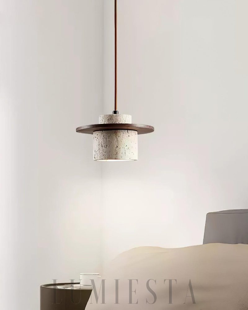 Cylindryczna lampa wisząca Stonova Duo z travertinu i drewna