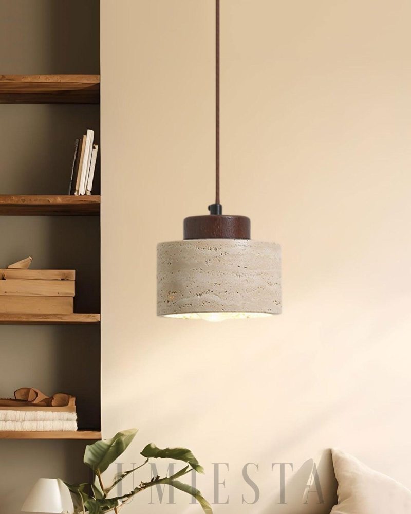 Lampa wisząca vintage cylindryczna z trawertynu beżowa