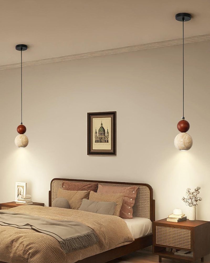 Lampa wisząca Travertynowa okrągła z drewnianym akcentem 10cm