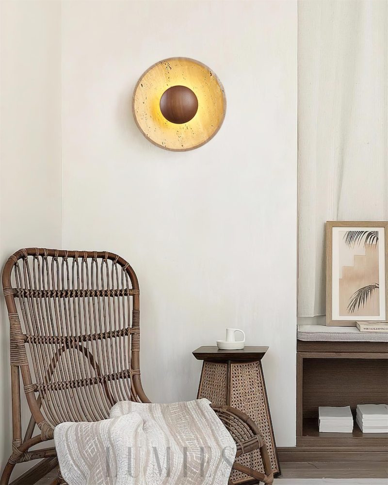 Lampa Ścienna Halo z Travertynu Okrągła Beżowa 25cm
