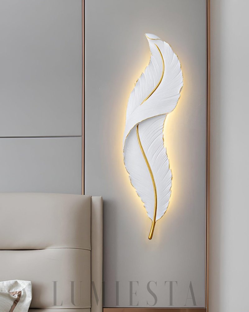 Lampa Ścienna Pióro Biała i Złota Nowoczesny Styl 24cm 91cm