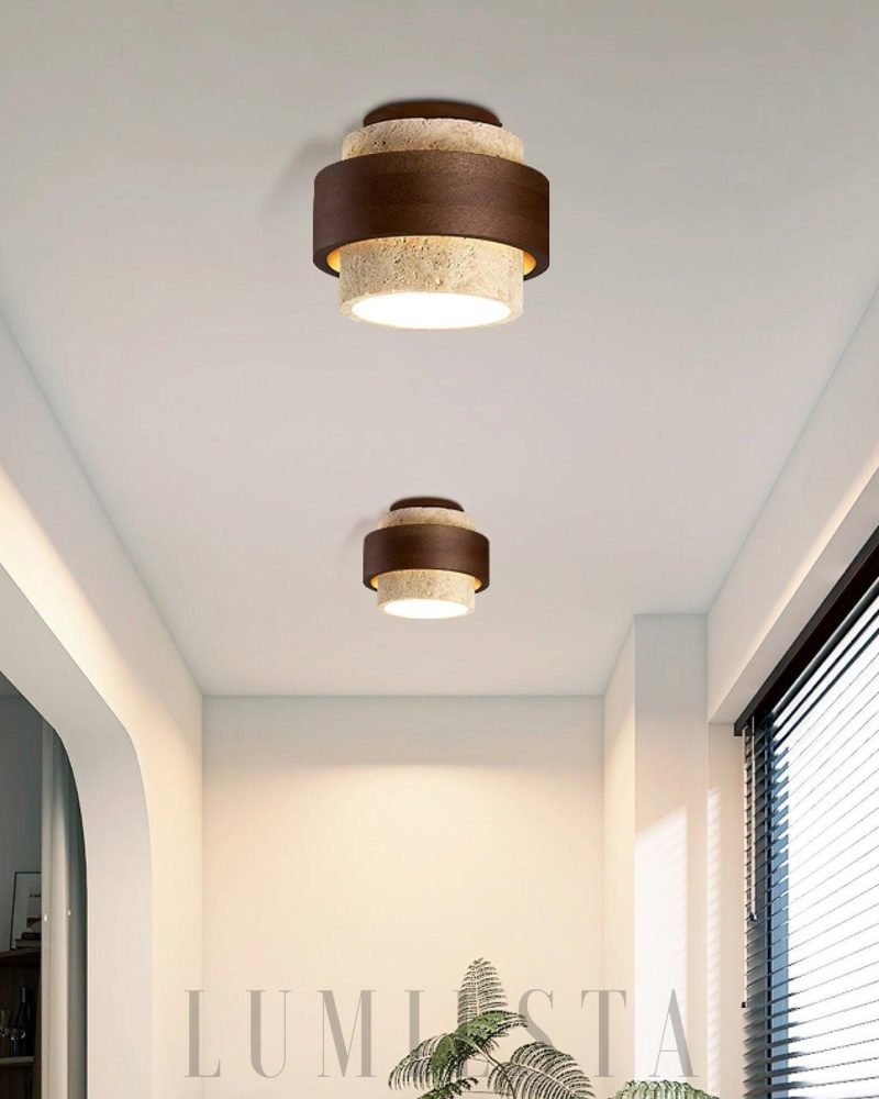 Lampa sufitowa cylindryczna z trawertynu w kolorze beżowym i orzechowym