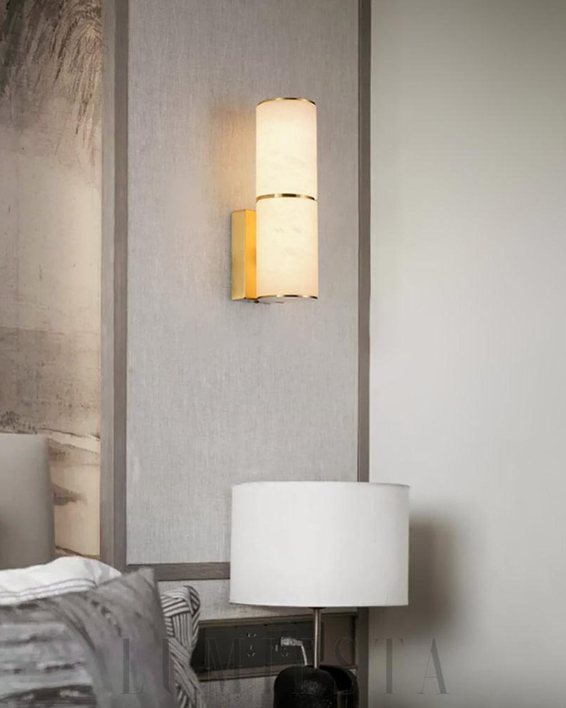 Lampa ścienna cylindryczna alabastrowa Biała Złota 8cm 26cm