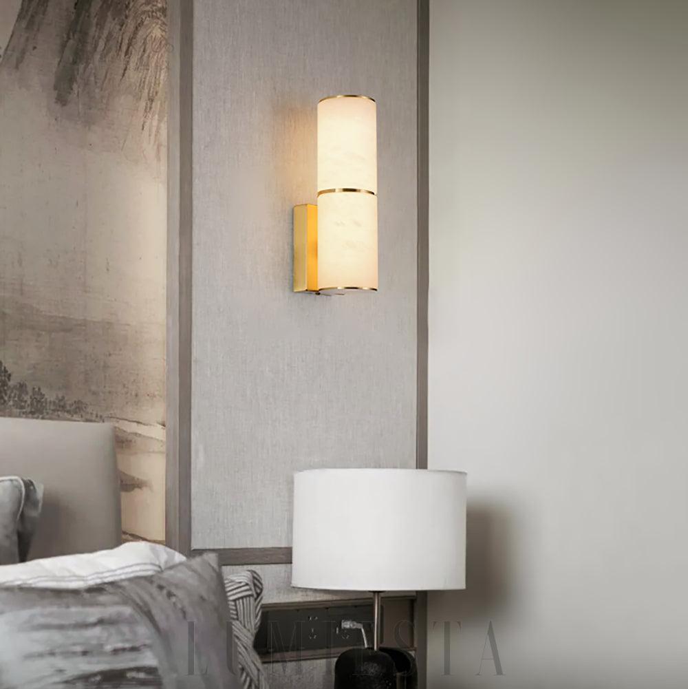 Lampa ścienna cylindryczna alabastrowa Biała Złota 8cm 26cm