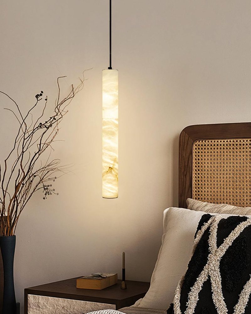 Elegancka Lampa Wisząca Cylindryczna z Alabastru Biały Złoty