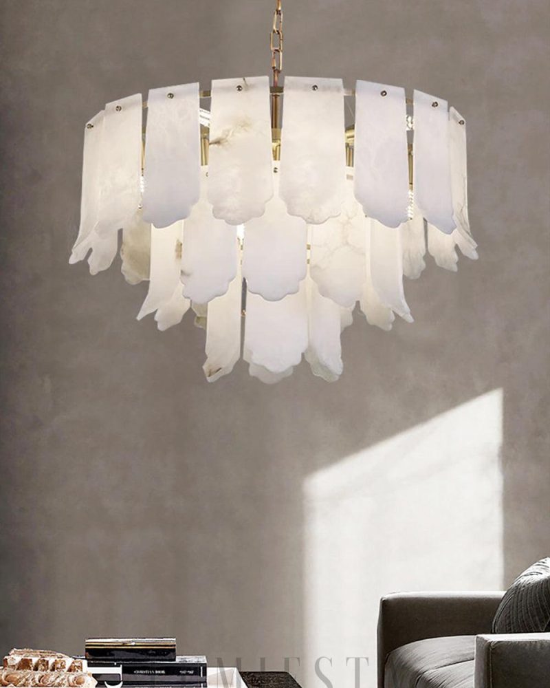 Elegancka lampa wisząca Alabaster Elba w mosiądzu i białym