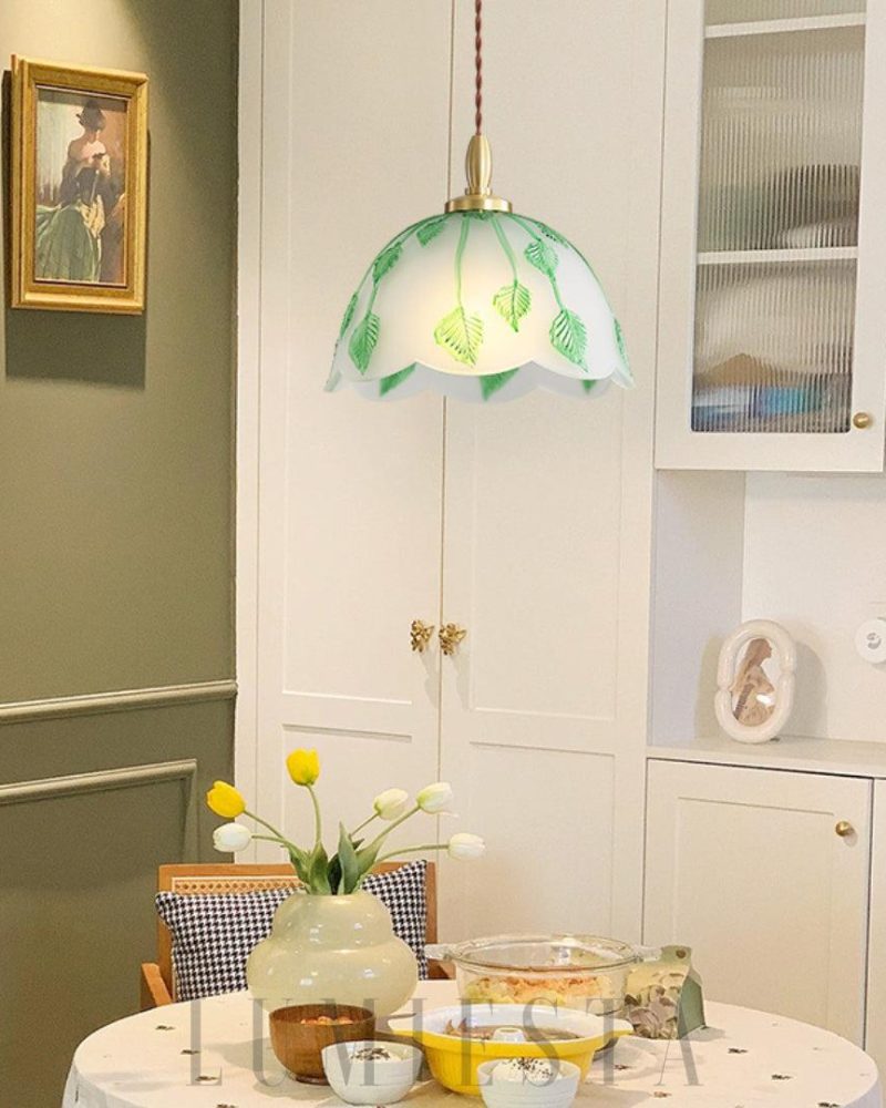 Lampa wisząca retro z liśćmi ze szkła średnica 28cm zielona biała