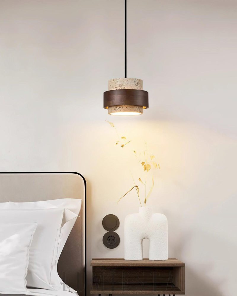 Lampa wisząca Cylinder Stonova z travertynu i drewna 17cm 60cm 80cm 100cm