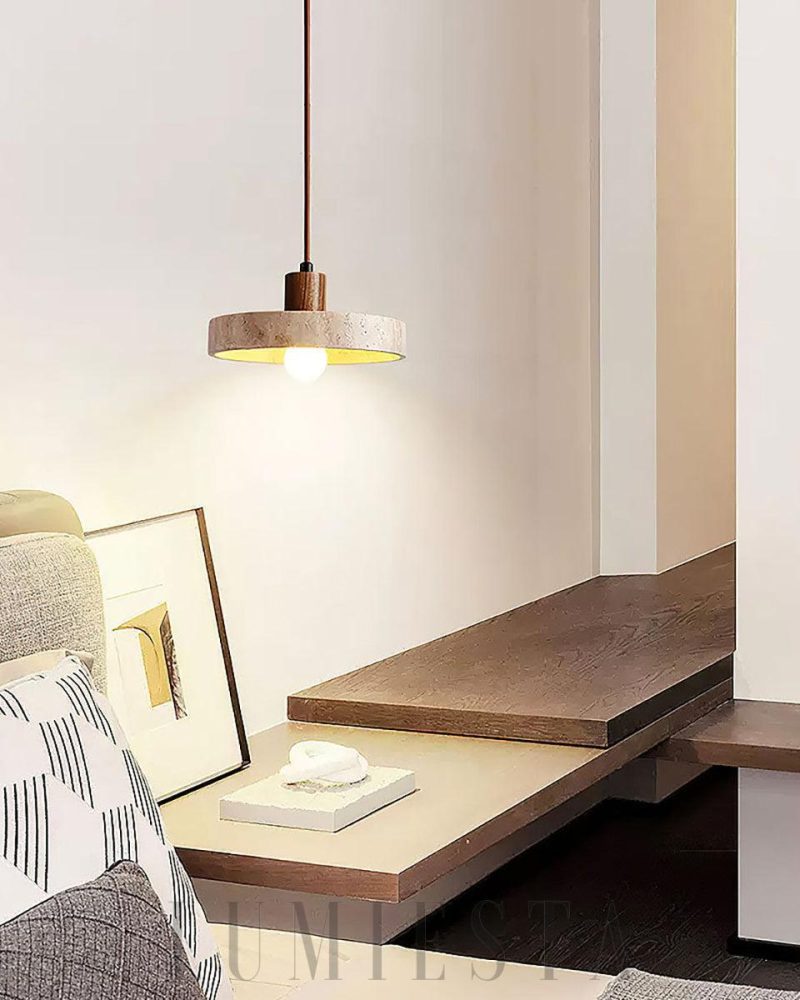 Lampa wisząca Piedra z travertynu i drewna 20cm Beżowa Orzechowa