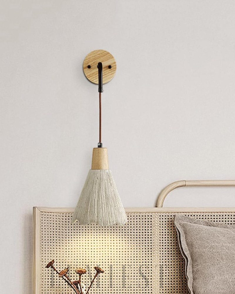 Lampa ścienna Cementowa Vintage z drewnianym kloszem żółta