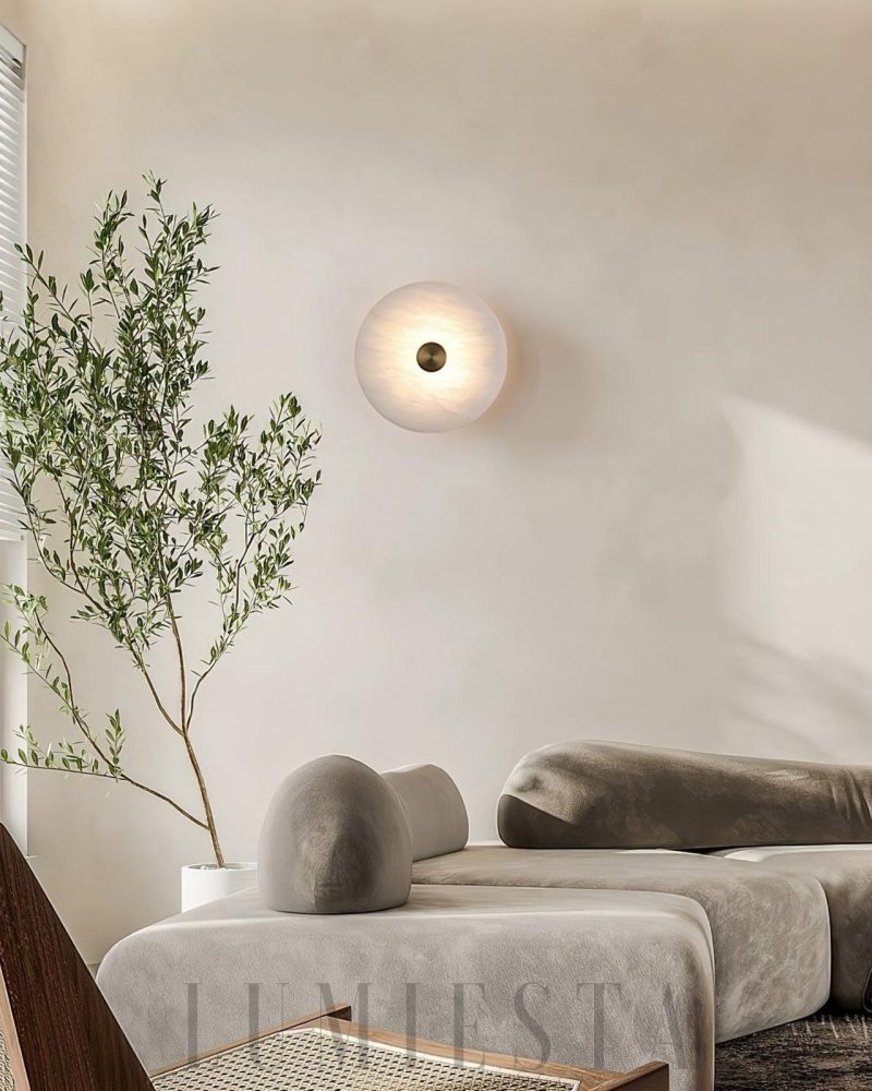 Lampa ścienna alabastrowa w kształcie dysku Biały Złoty