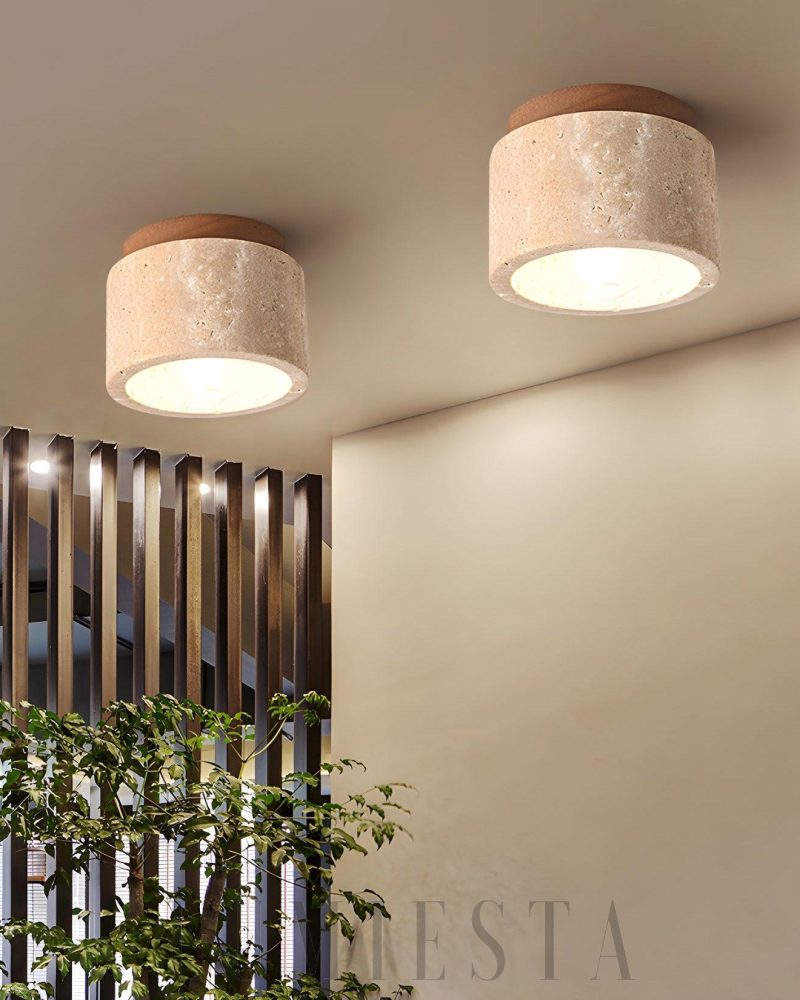 Beżowa Cylindryczna Lampa Sufitowa z Trawertynu 12cm