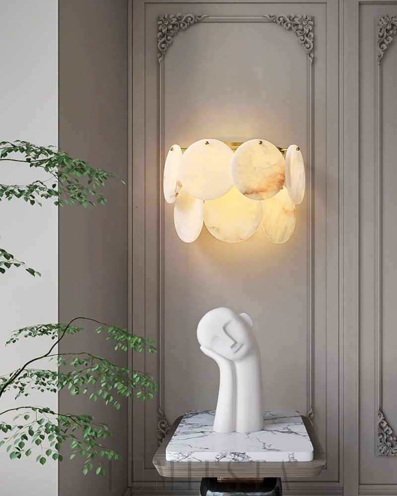 Lampa Ścienna Alabastrowa Okrągła Dwuwarstwowa 32cm Biała Złota