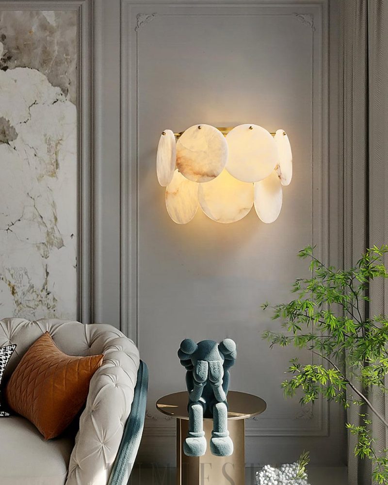 Lampa Ścienna Alabastrowa Okrągła Dwuwarstwowa 32cm Biała Złota