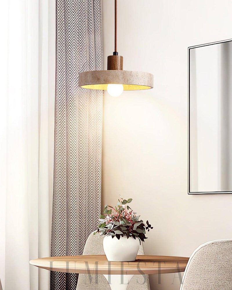 Lampa wisząca Piedra z travertynu i drewna 20cm Beżowa Orzechowa