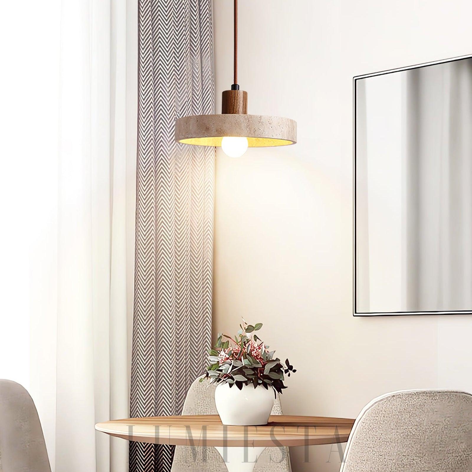 Lampa wisząca Piedra z travertynu i drewna 20cm Beżowa Orzechowa