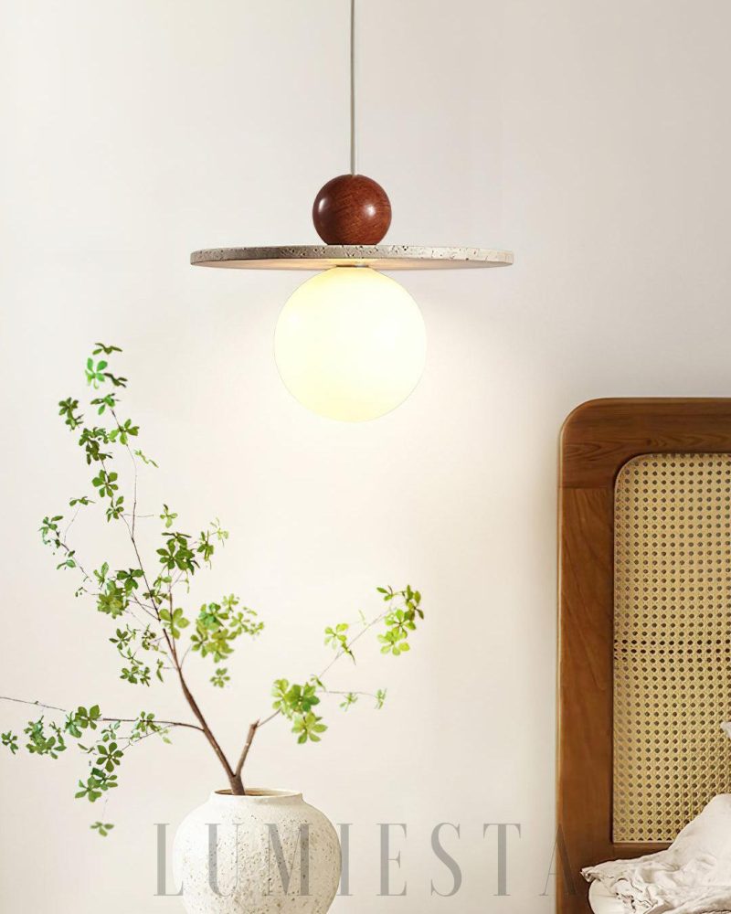 Lampa wisząca Ora w stylu nowoczesnym z travertynu i drewna