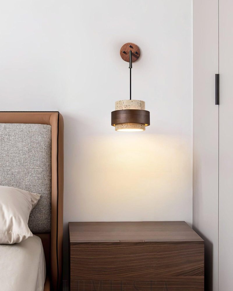 Lampa Ścienna Cylinder Stonova z Travertynu Beżowa z Orzechem