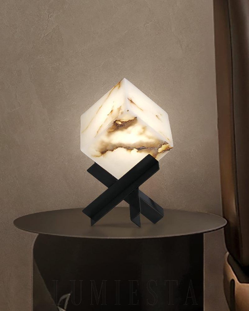 Lampa stołowa w kształcie kostki z alabastru nowoczesna biała