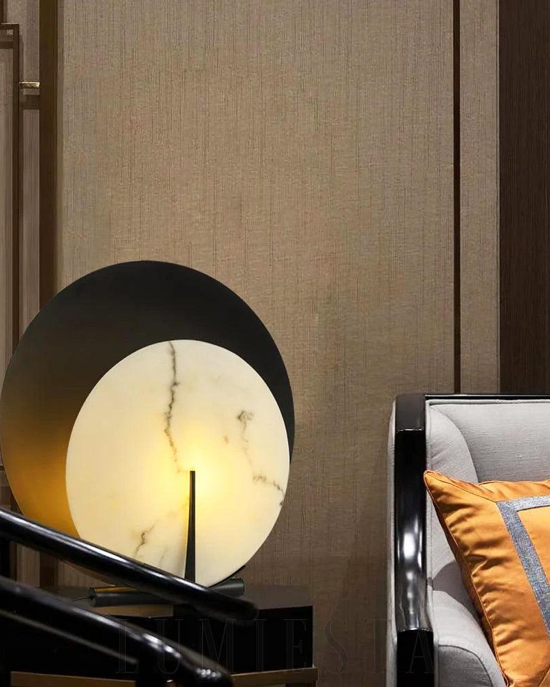 Lampa stołowa Asteria w kształcie okręgu z alabastru czarna i biała