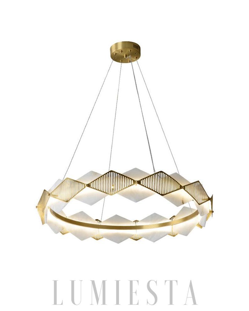 Lampa żyrandolowa diamentowa okrągła mosiężna z alabastrem