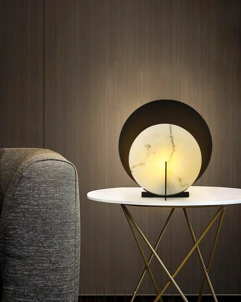 Lampa stołowa Asteria w kształcie okręgu z alabastru czarna i biała
