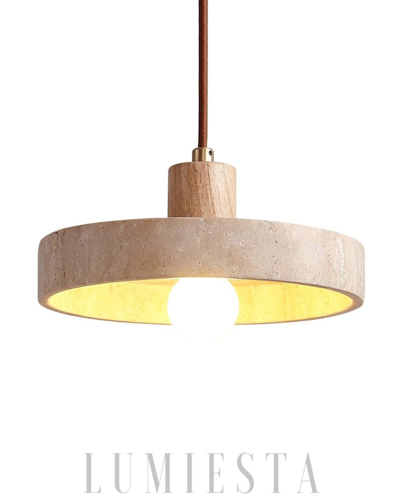 Lampa wisząca Piedra z travertynu i drewna 20cm Beżowa Orzechowa