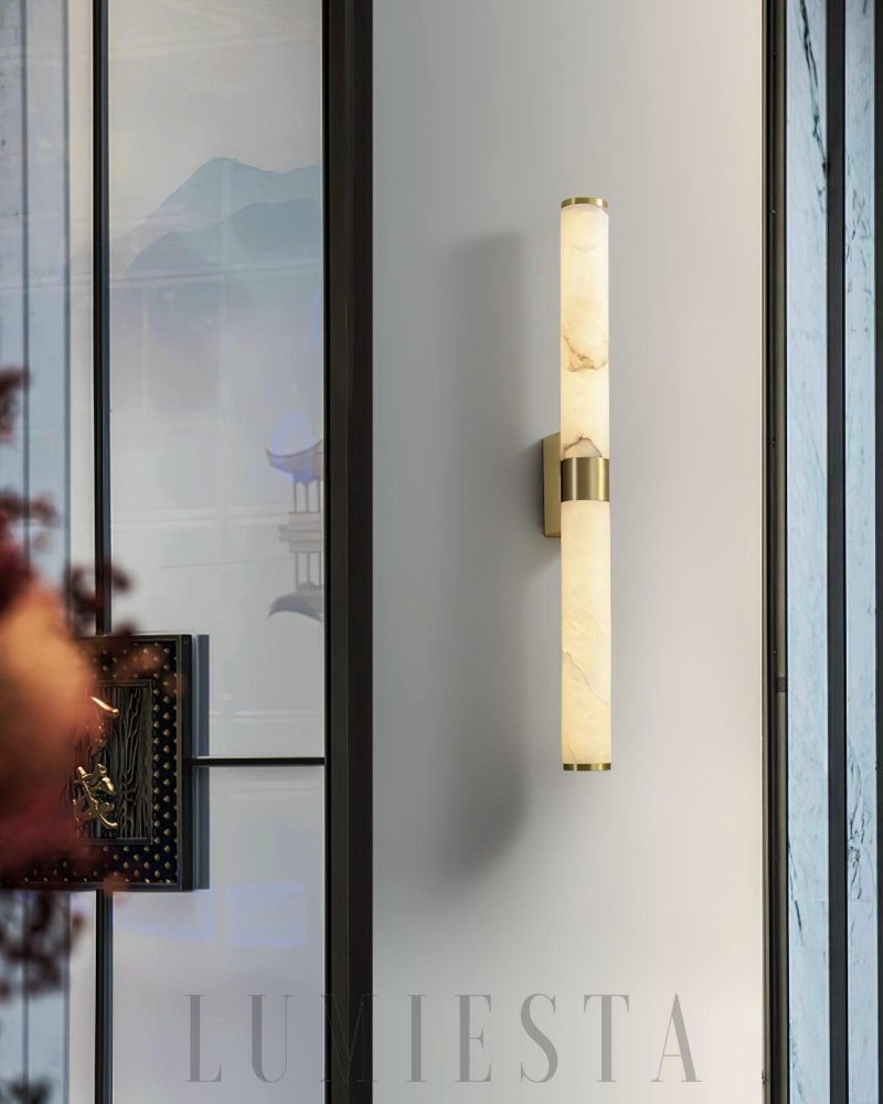 Lampa Ścienna Cylindryczna z Alabastru Biała Złota 70cm