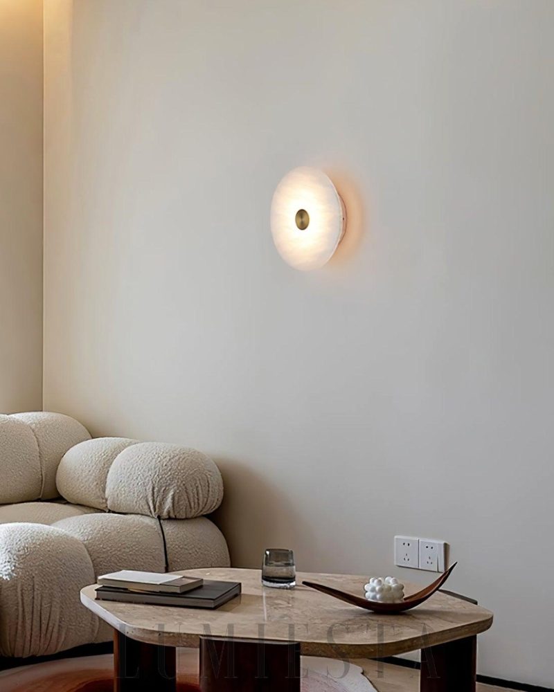 Lampa ścienna alabastrowa w kształcie dysku Biały Złoty