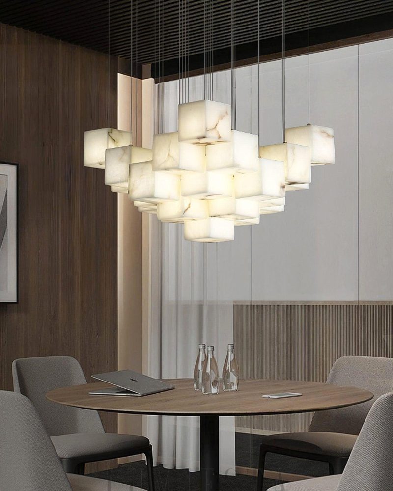 Lampa wisząca Alabaster Cube Box w złotym i białym stylu