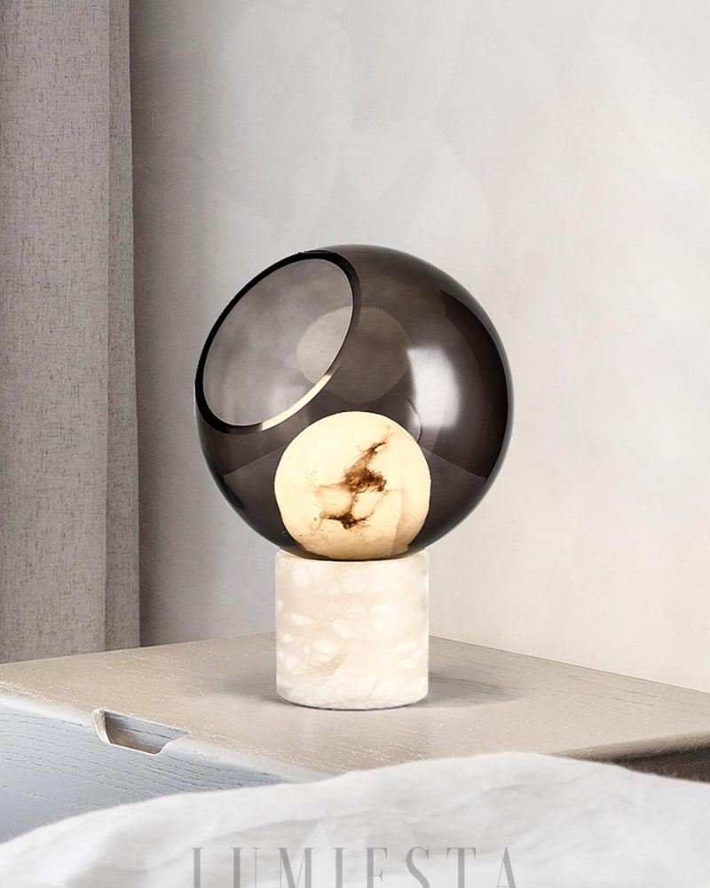 Lampa Stołowa Szklana Przydymiona z Akcentem Alabastrowym 25cm