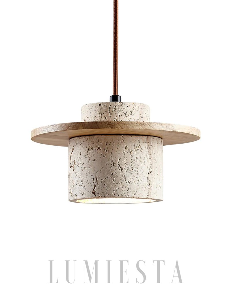 Cylindryczna lampa wisząca Stonova Duo z travertinu i drewna