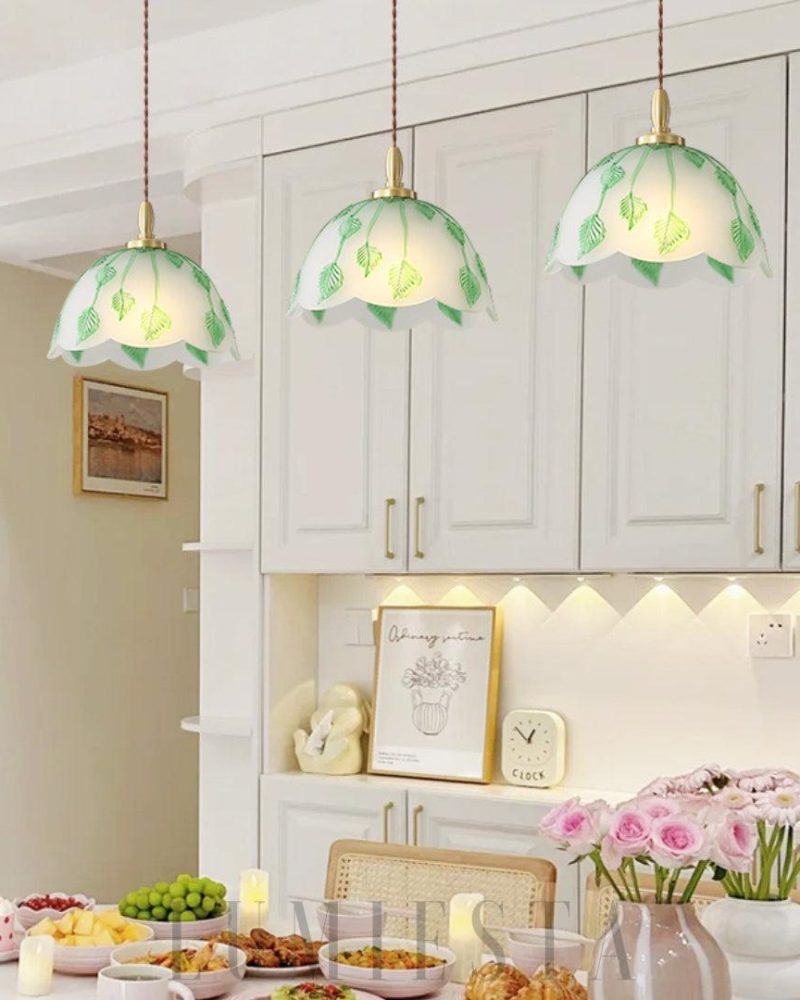 Lampa wisząca retro z liśćmi ze szkła średnica 28cm zielona biała