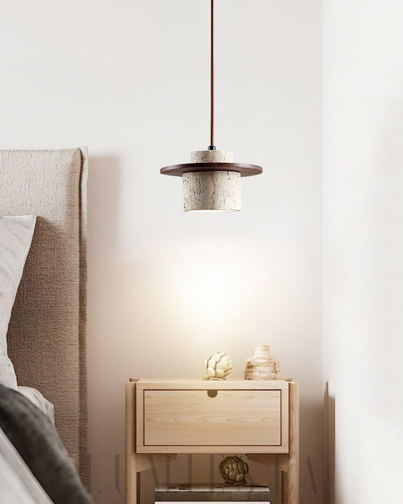Cylindryczna lampa wisząca Stonova Duo z travertinu i drewna