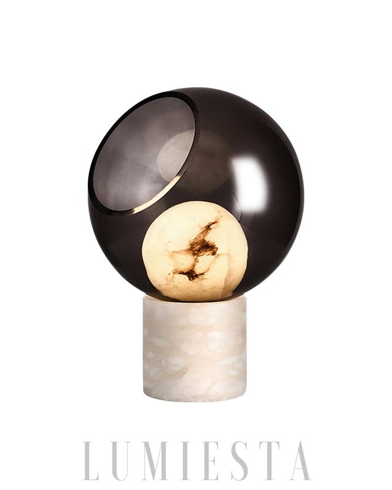Lampa Stołowa Szklana Przydymiona z Akcentem Alabastrowym 25cm