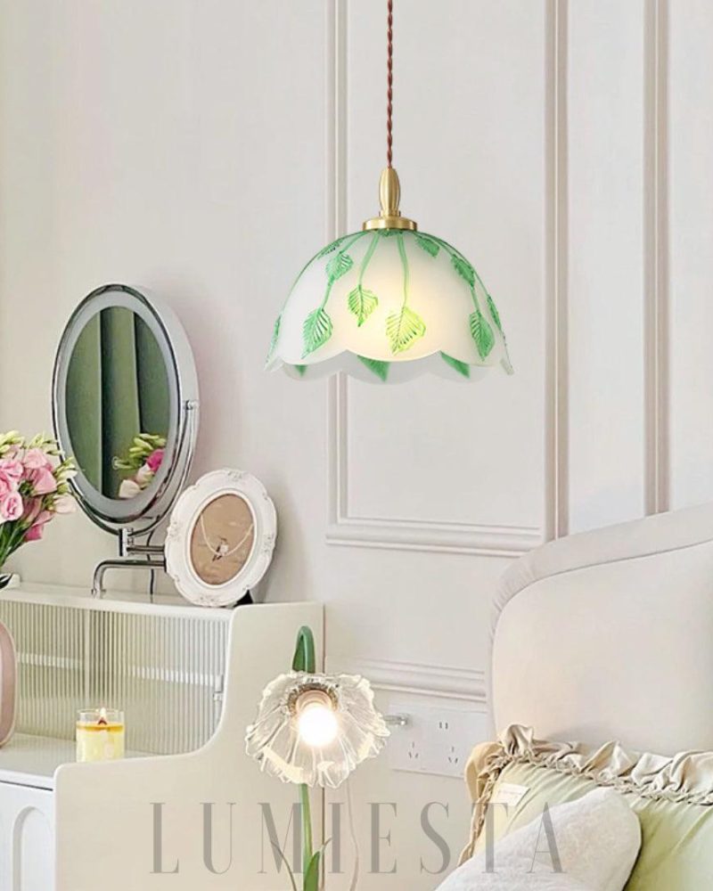 Lampa wisząca retro z liśćmi ze szkła średnica 28cm zielona biała