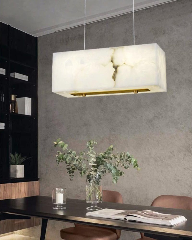 Alabastrowa prostokątna lampa wisząca w mosiądzu i bieli