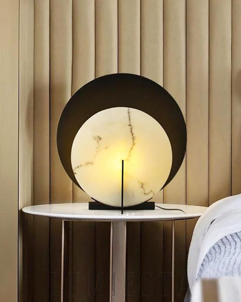 Lampa stołowa Asteria w kształcie okręgu z alabastru czarna i biała