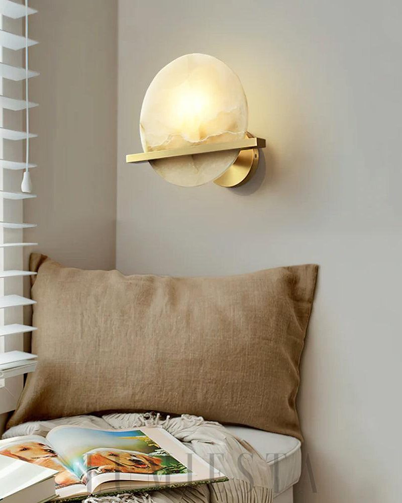 Lampa Ścienna Savion Okrągła z Alabastru Mosiężna 20cm