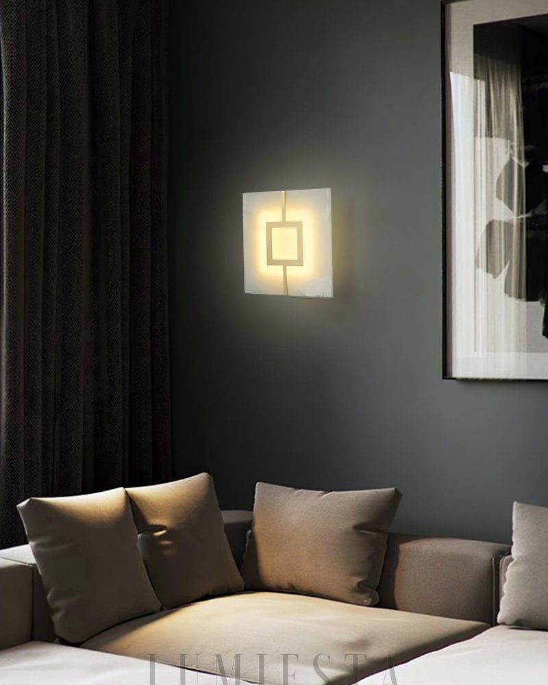 Lampa ścienna Alabaster kwadratowa prostokątna mosiądz biały
